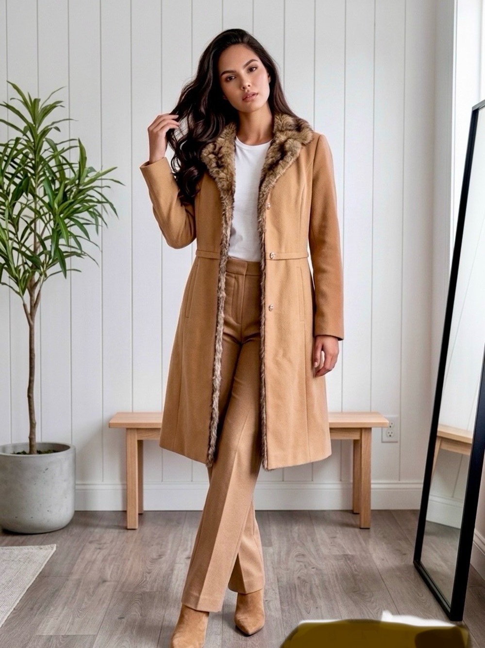 VENUS Tan Faux-Fur Trimmed Long Trench Coat